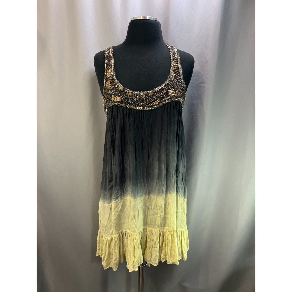 En Creme Boho Tank Dress Womens S Black Beige Colorblock Beaded‎ Sequin High Low